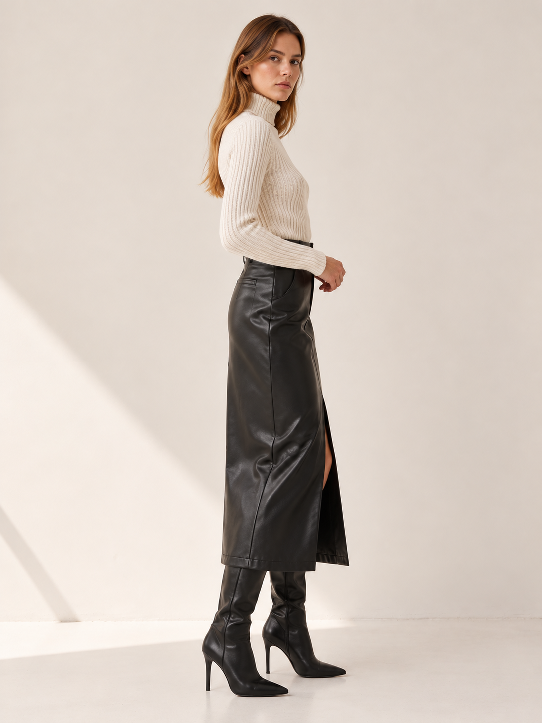 Mariah | Women's High Waist Faux Leather Midi Skirt Fall Work