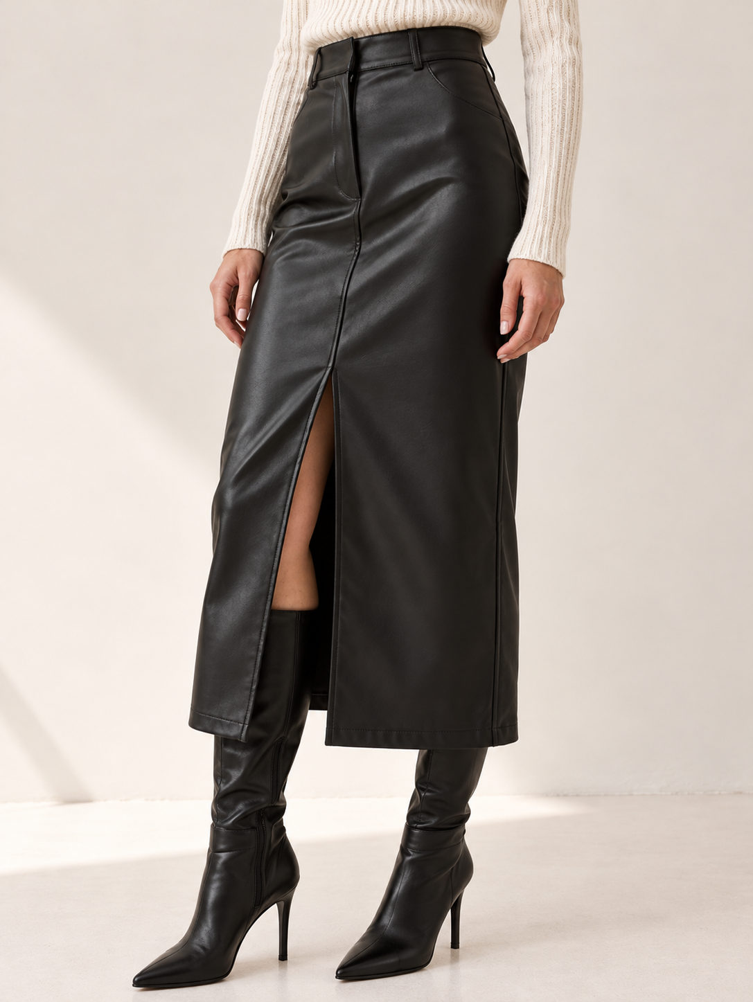 Mariah | Women's High Waist Faux Leather Midi Skirt Fall Work