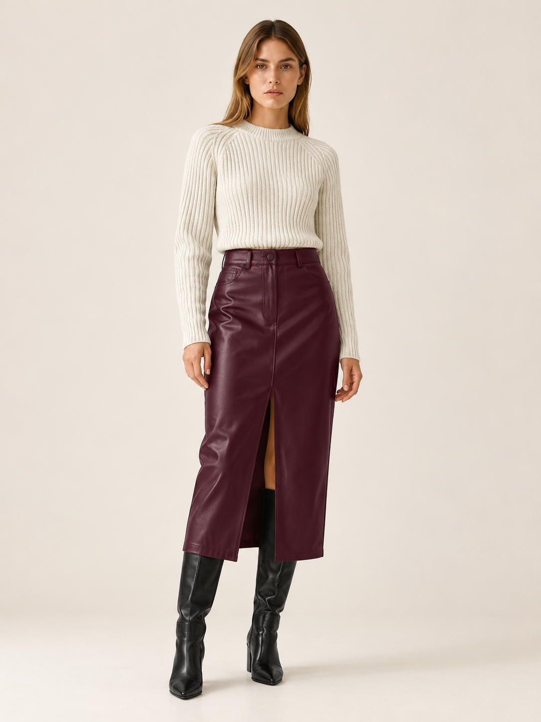 Mariah | Women's High Waist Faux Leather Midi Skirt Fall Work