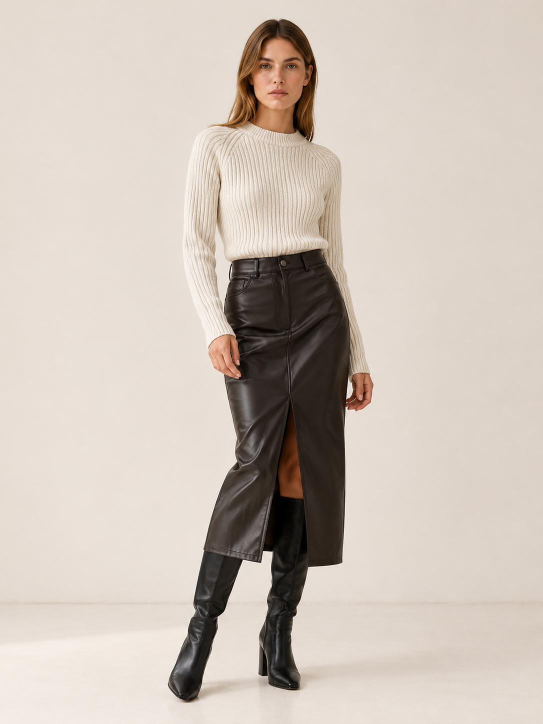 Mariah | Women's High Waist Faux Leather Midi Skirt Fall Work