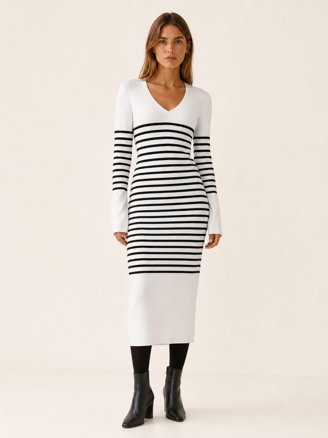 Marina | Women's Midi Dress with V-Neck, Long Sleeves and Stripes