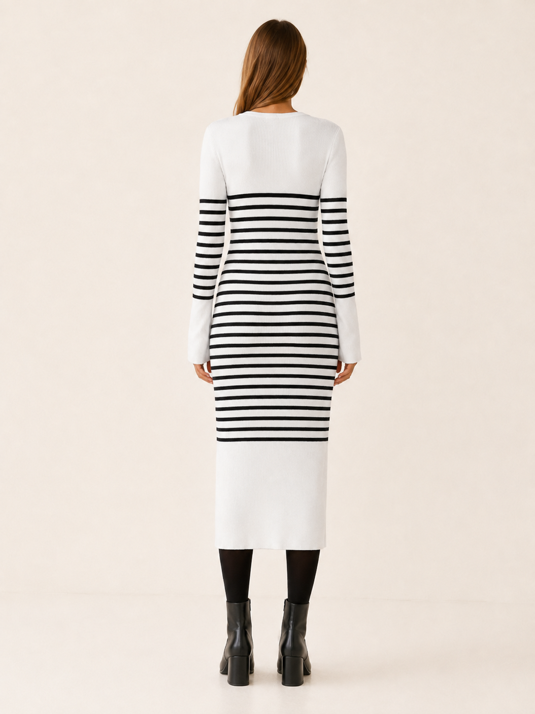 Marina | Women's Midi Dress with V-Neck, Long Sleeves and Stripes