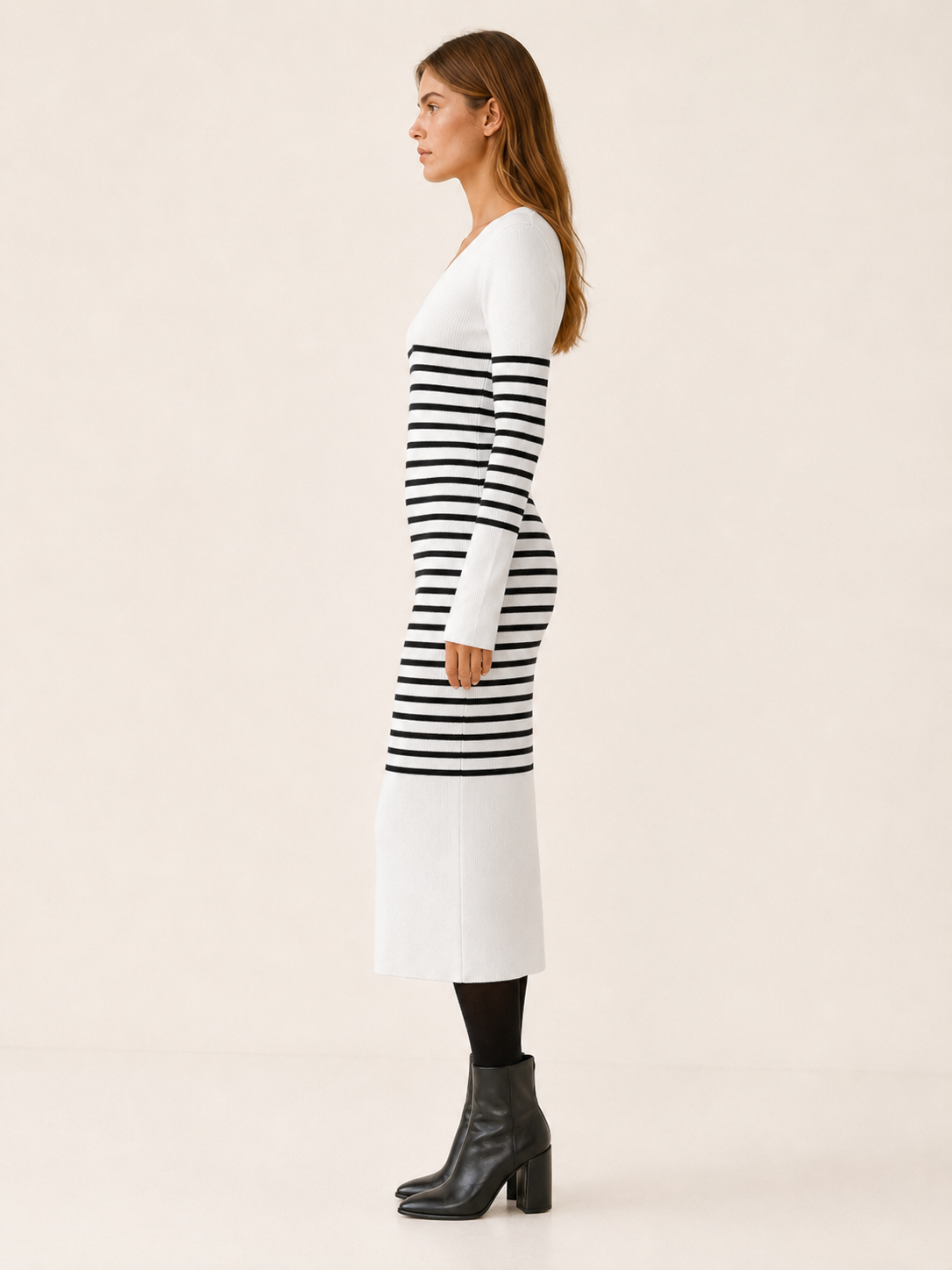 Marina | Women's Midi Dress with V-Neck, Long Sleeves and Stripes