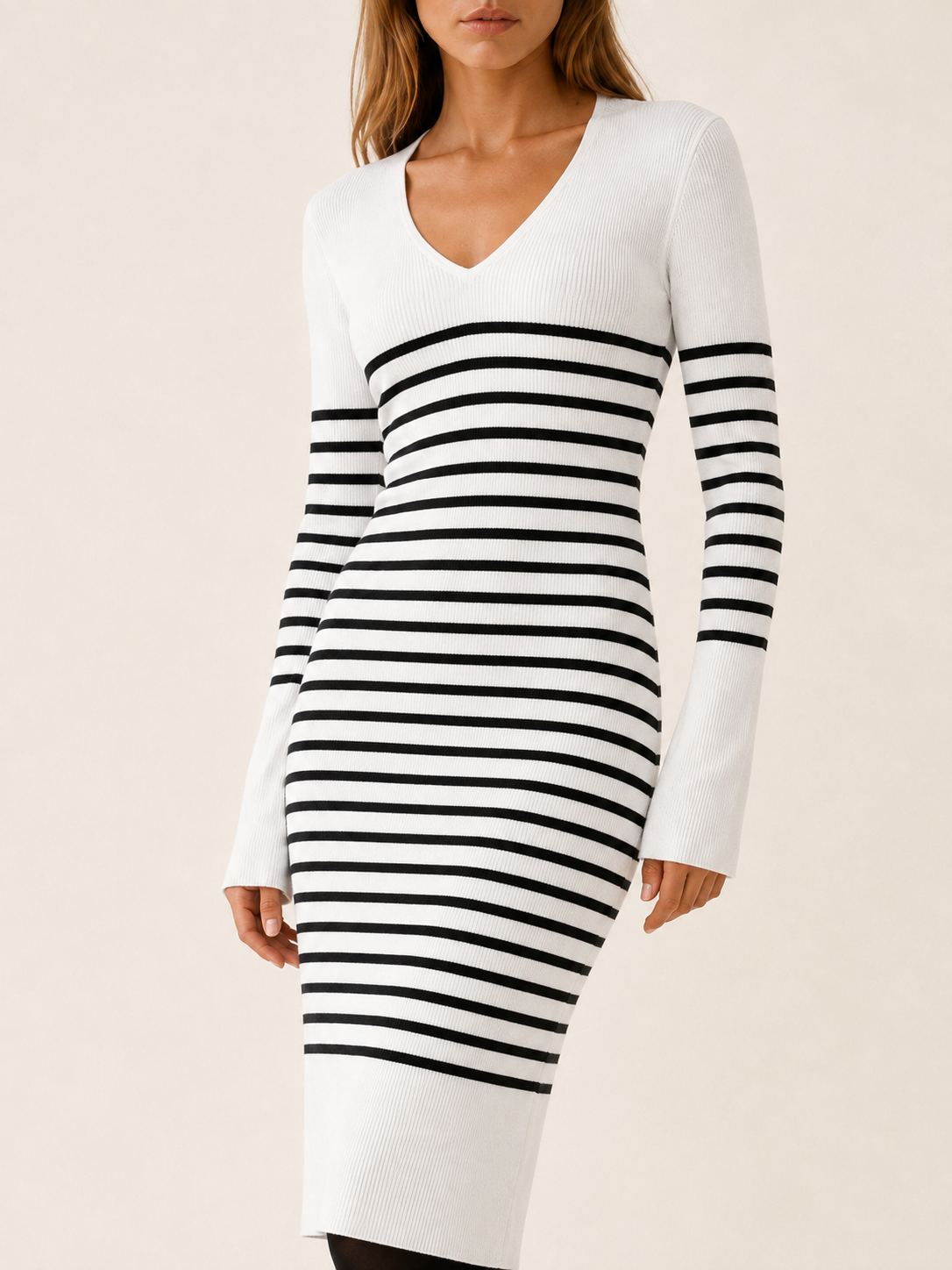 Marina | Women's Midi Dress with V-Neck, Long Sleeves and Stripes