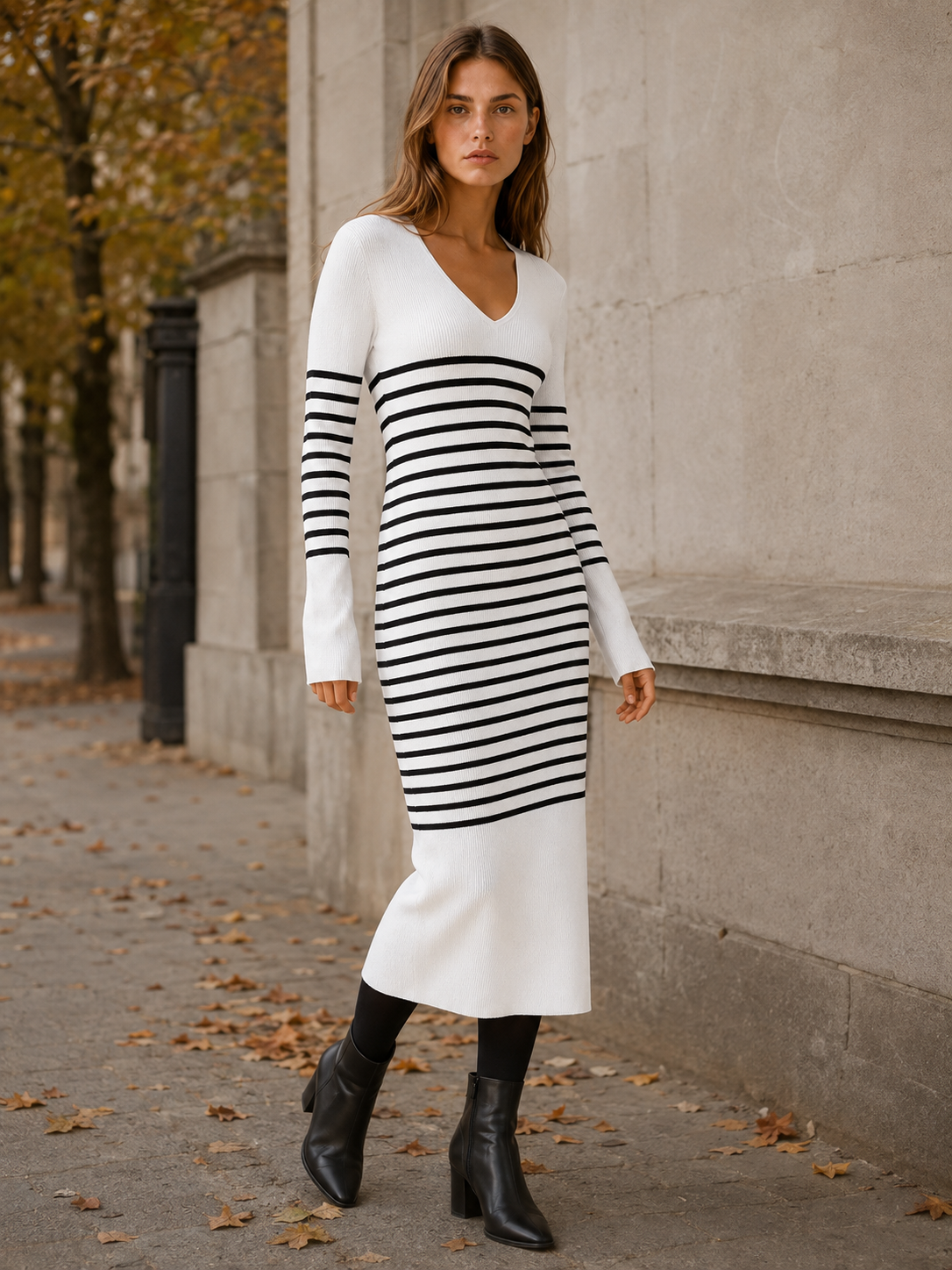 Marina | Women's Midi Dress with V-Neck, Long Sleeves and Stripes