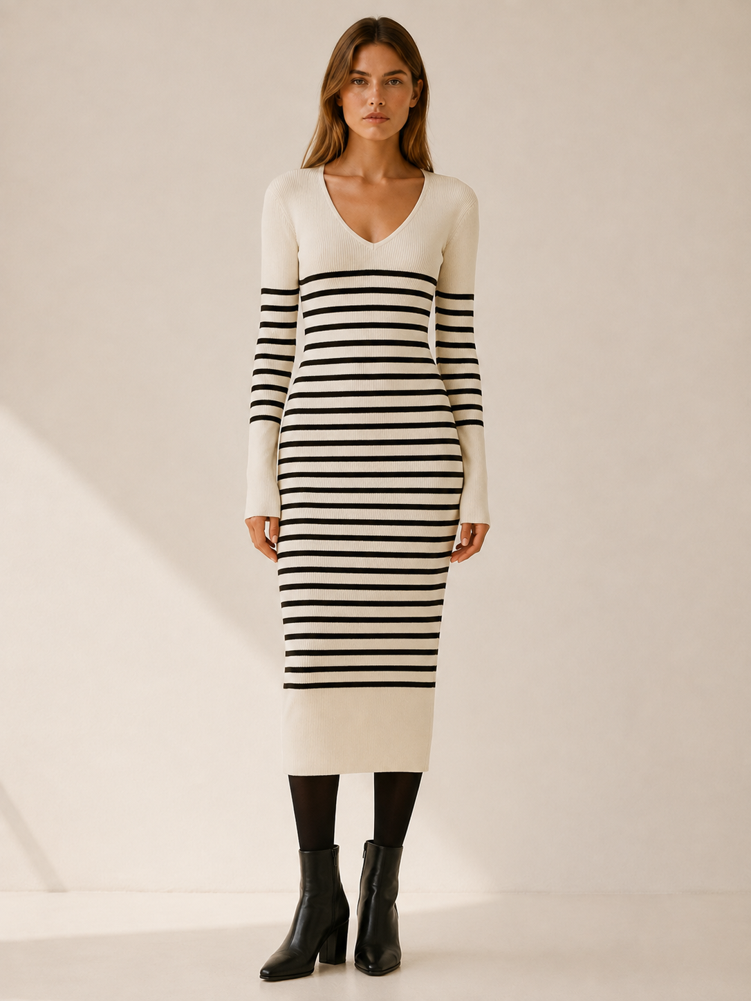 Marina | Women's Midi Dress with V-Neck, Long Sleeves and Stripes