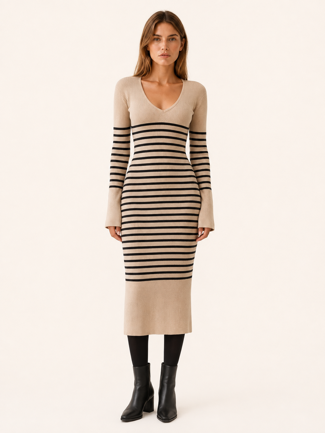 Marina | Women's Midi Dress with V-Neck, Long Sleeves and Stripes