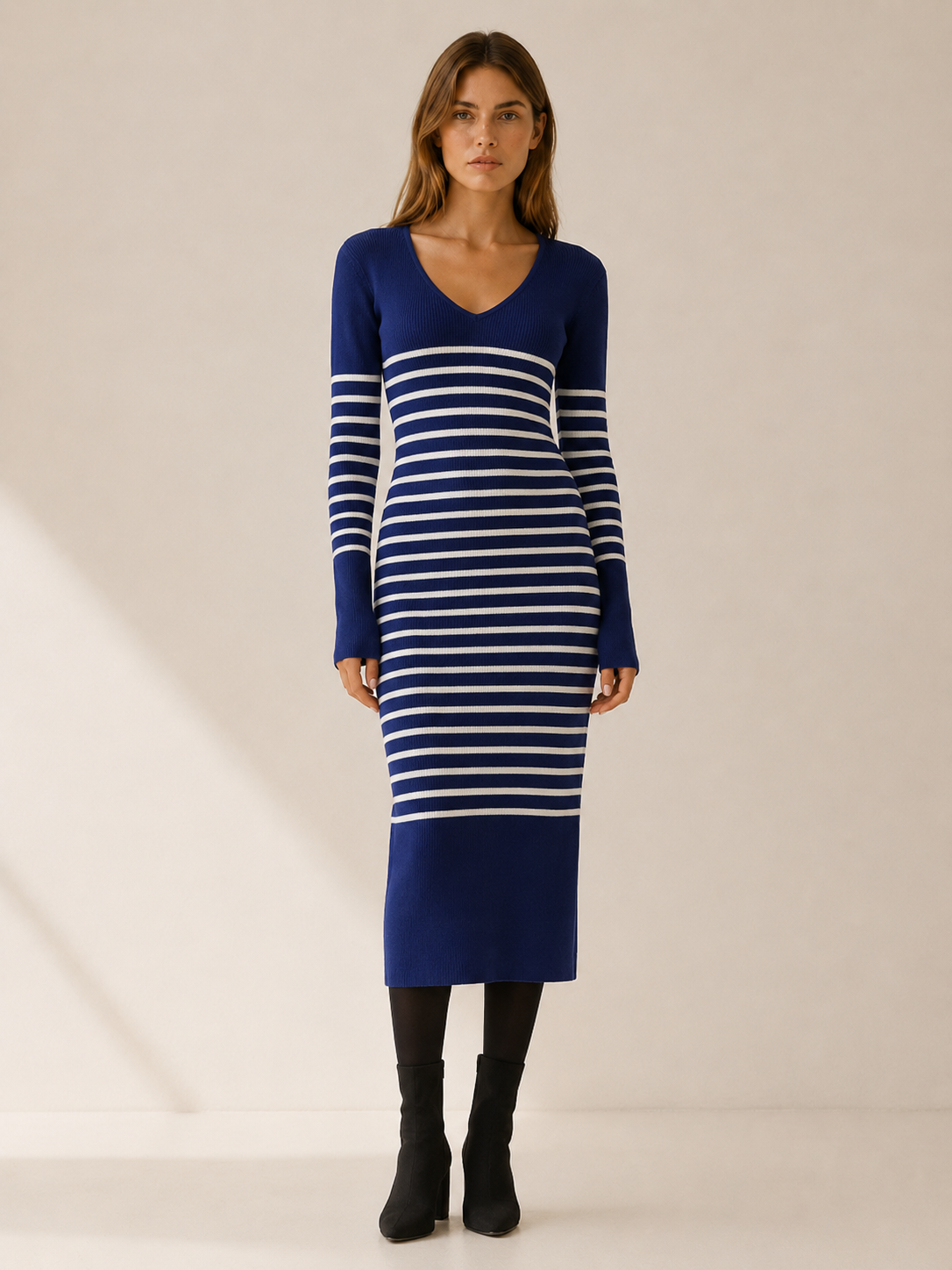Marina | Women's Midi Dress with V-Neck, Long Sleeves and Stripes