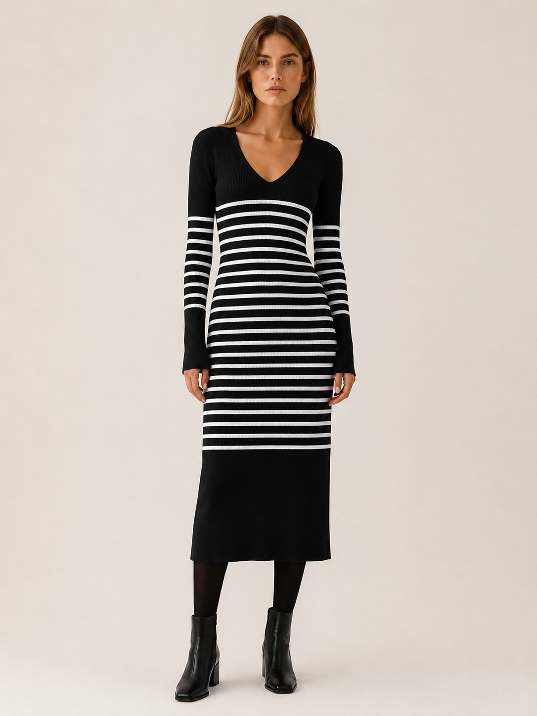 Marina | Women's Midi Dress with V-Neck, Long Sleeves and Stripes
