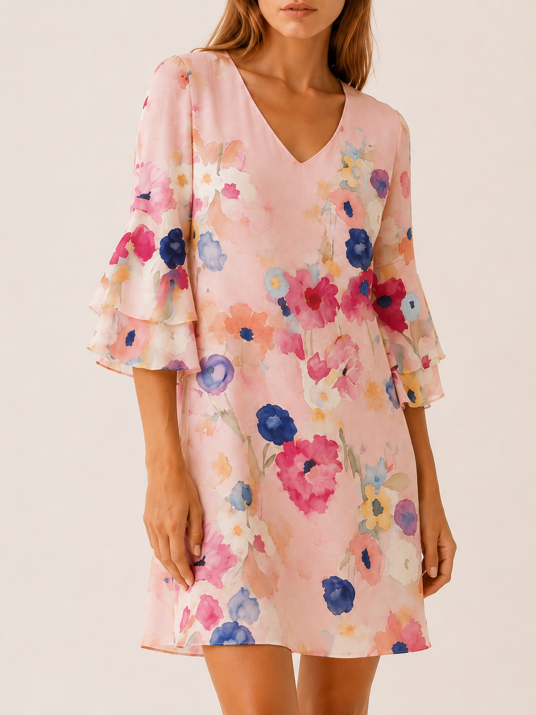 Marjeta | Floral Mini Dress with V Neck and Ruffle Sleeves