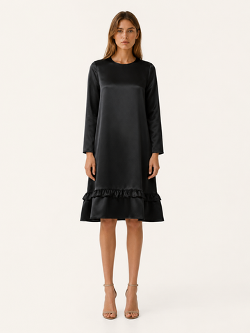 Marlow | Satin Midi Dress with Ruffle Hem Black Occasion Dress