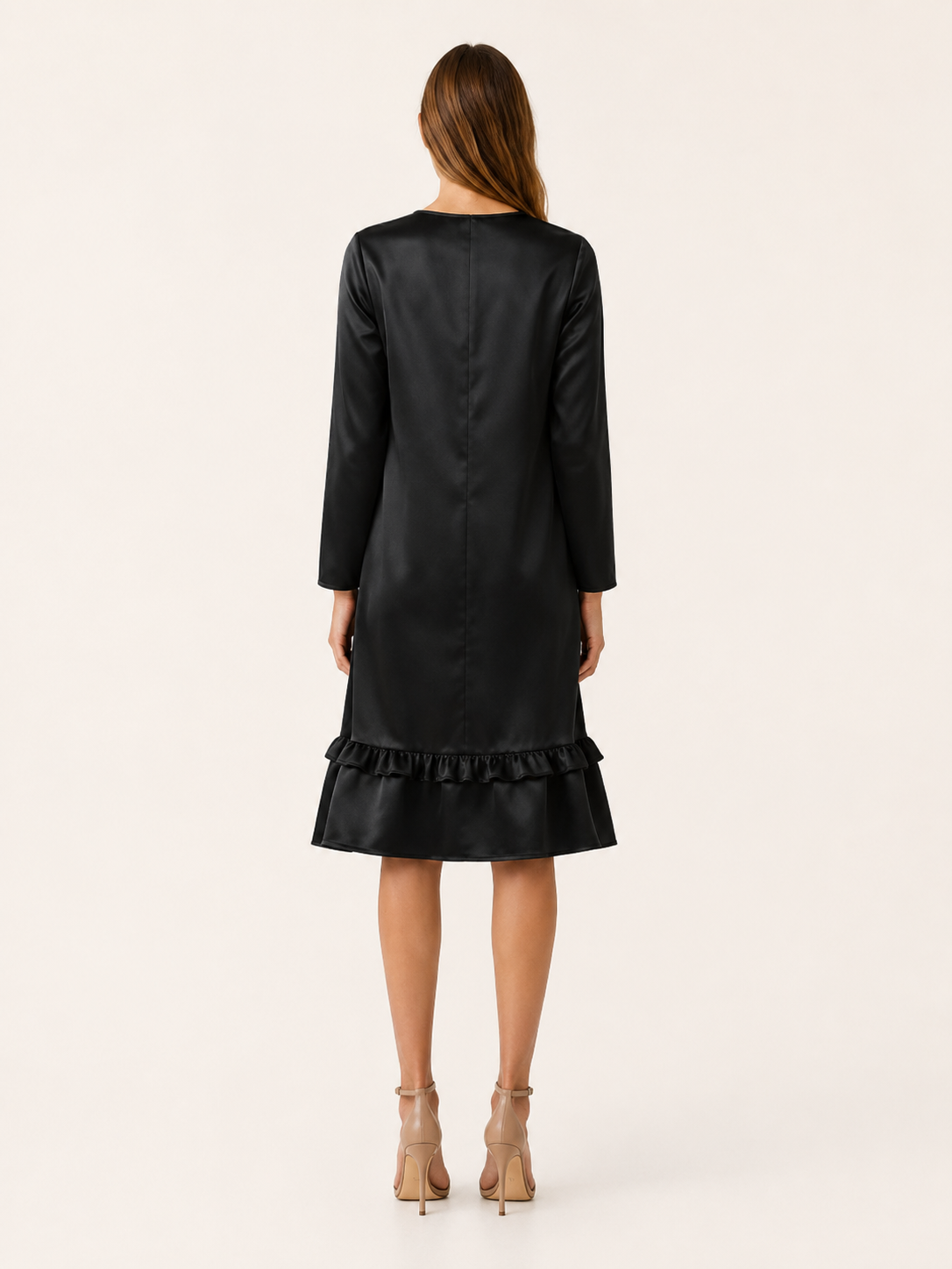 Marlow | Satin Midi Dress with Ruffle Hem Black Occasion Dress