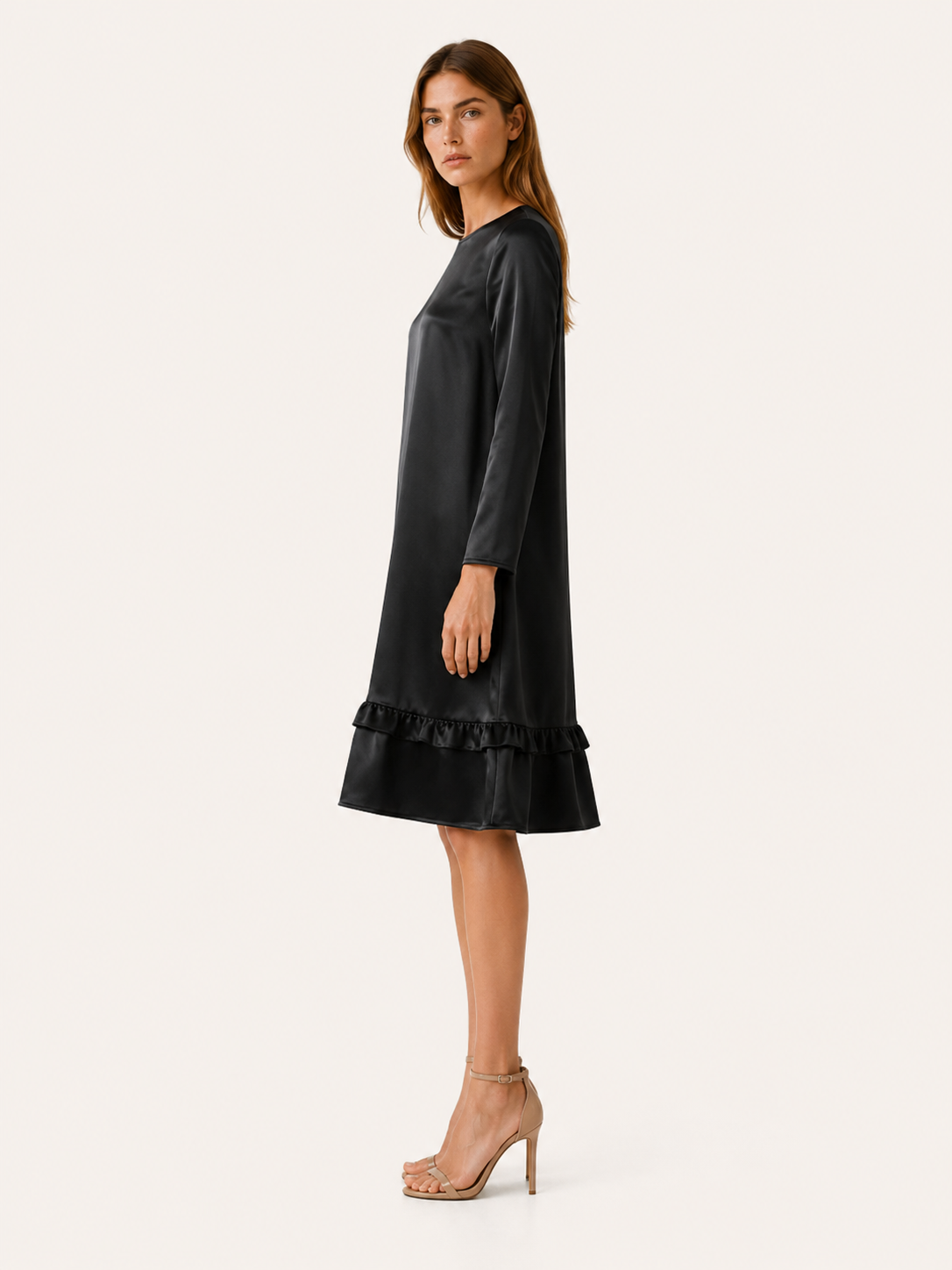 Marlow | Satin Midi Dress with Ruffle Hem Black Occasion Dress