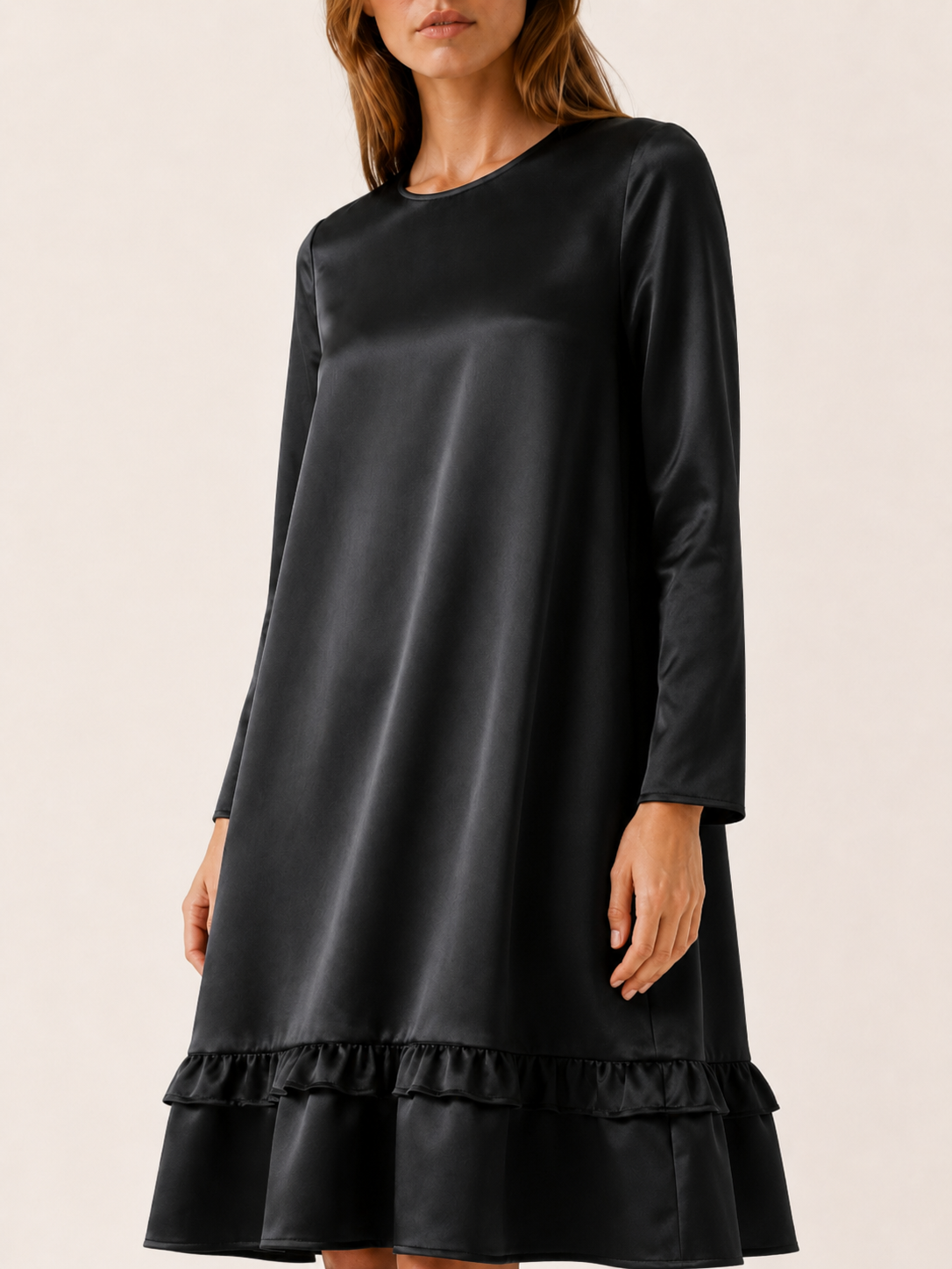 Marlow | Satin Midi Dress with Ruffle Hem Black Occasion Dress