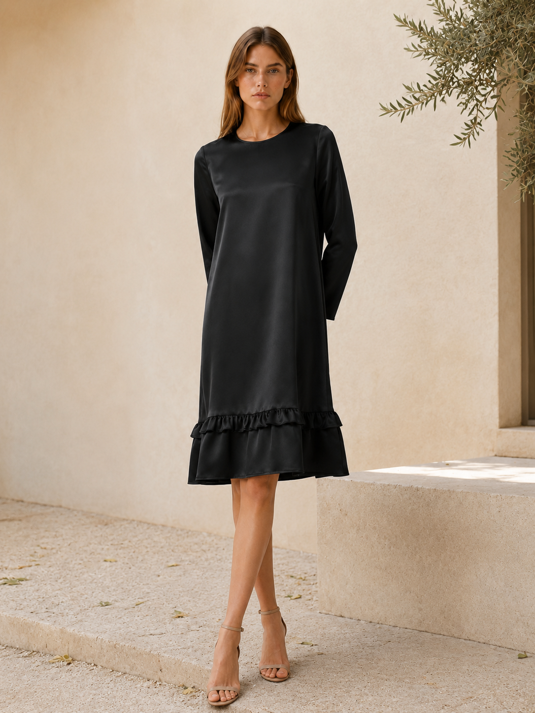 Marlow | Satin Midi Dress with Ruffle Hem Black Occasion Dress