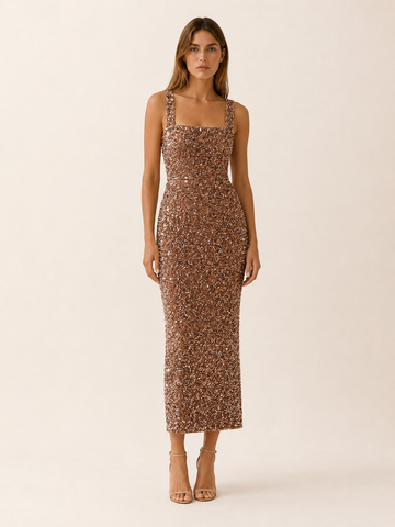 Marlowyn | Square Neck Sequin Maxi Dress with Bodycon Fit