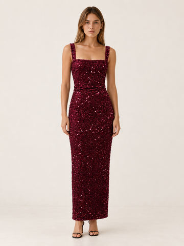 Marlowyn | Square Neck Sequin Maxi Dress with Bodycon Fit