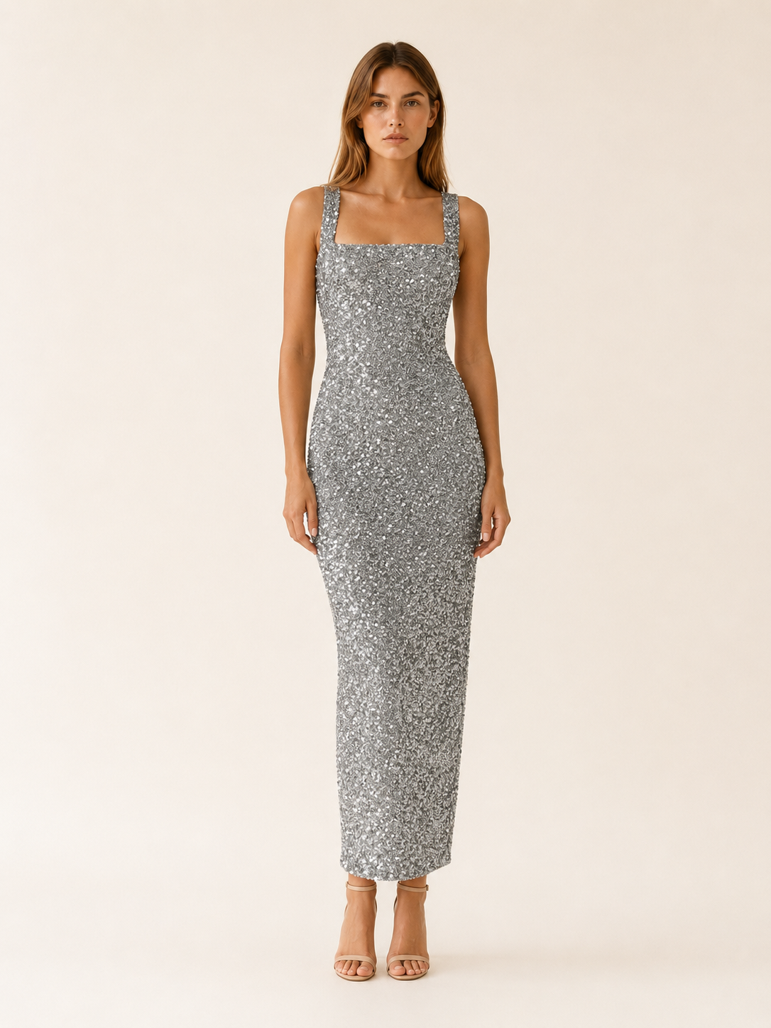 Marlowyn | Square Neck Sequin Maxi Dress with Bodycon Fit