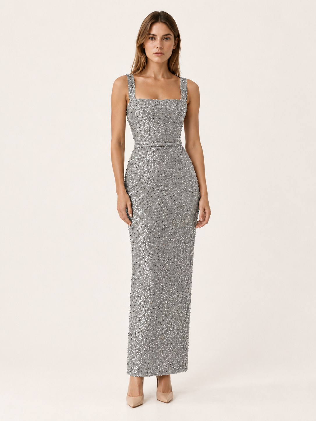Marlowyn | Square Neck Sequin Maxi Dress with Bodycon Fit