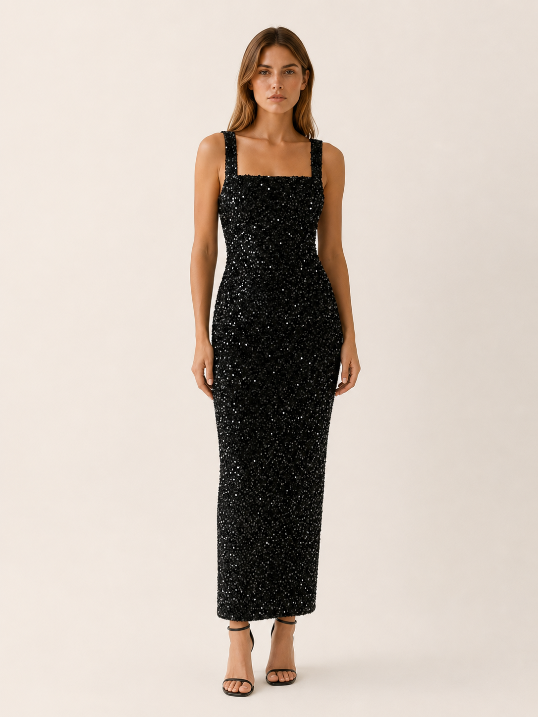 Marlowyn | Square Neck Sequin Maxi Dress with Bodycon Fit