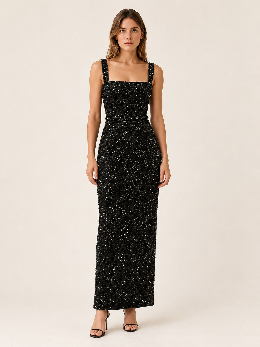 Marlowyn | Square Neck Sequin Maxi Dress with Bodycon Fit