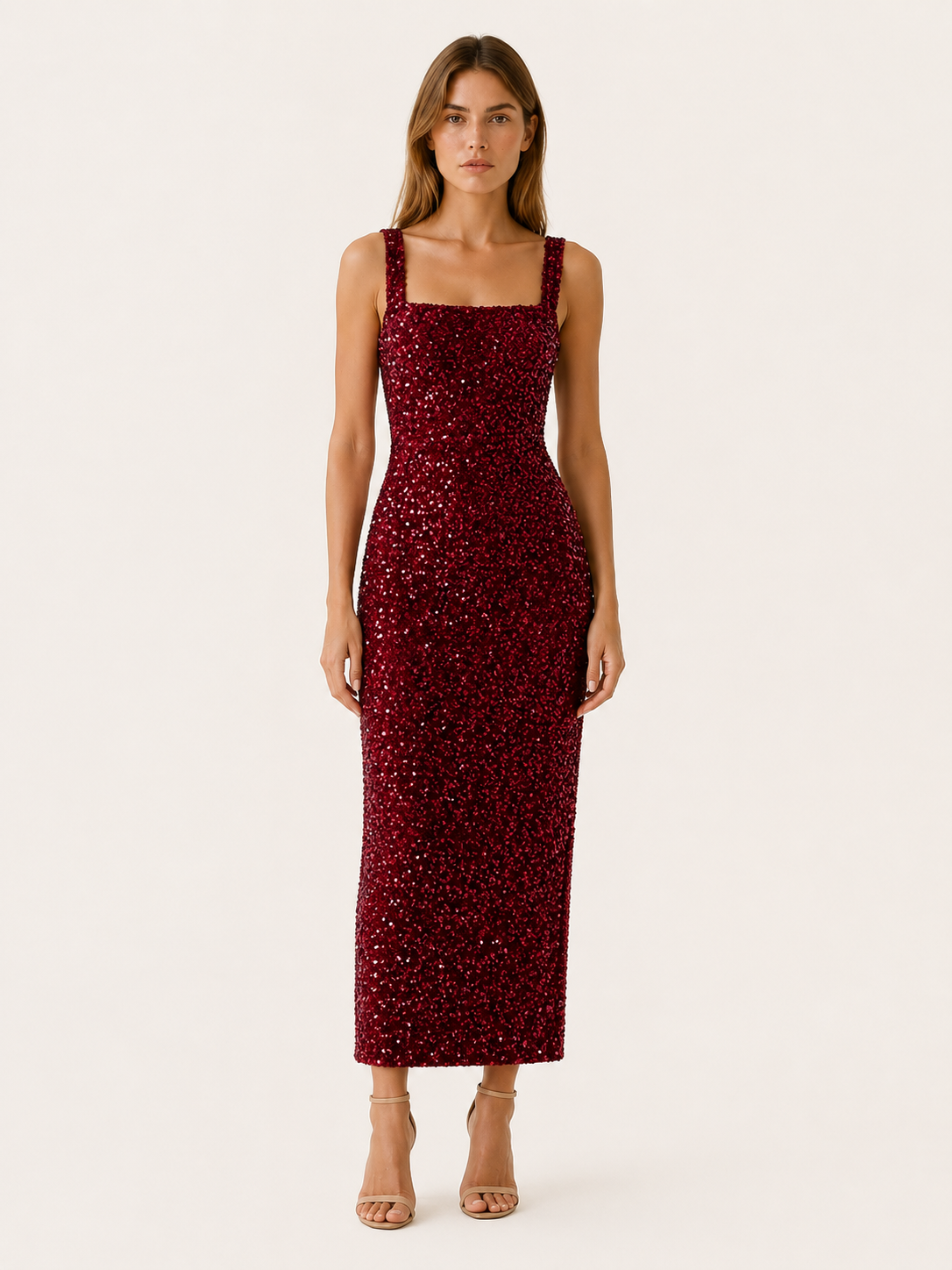 Marlowyn | Square Neck Sequin Maxi Dress with Bodycon Fit