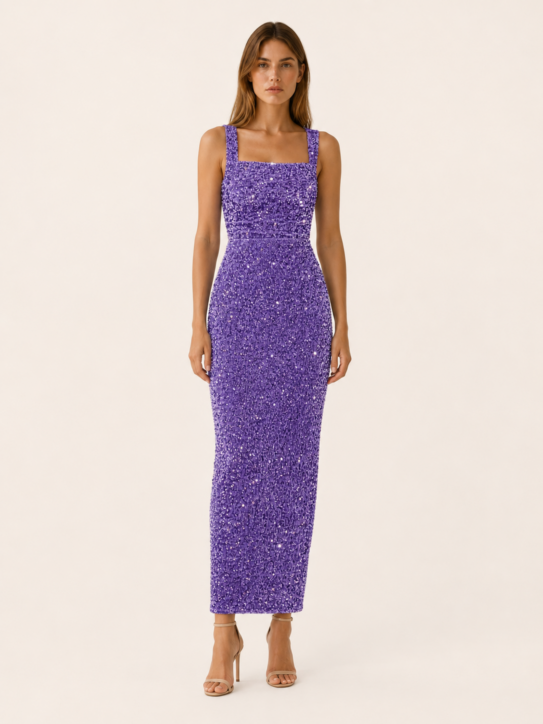 Marlowyn | Square Neck Sequin Maxi Dress with Bodycon Fit