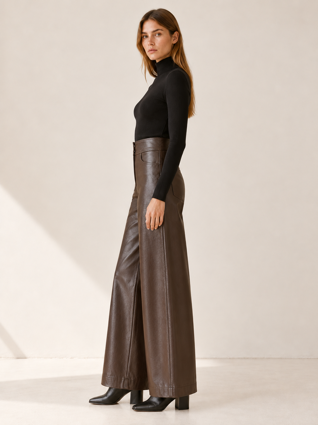 Melanie | Women's High Waisted Faux Leather Wide Leg Pants Fall Evening