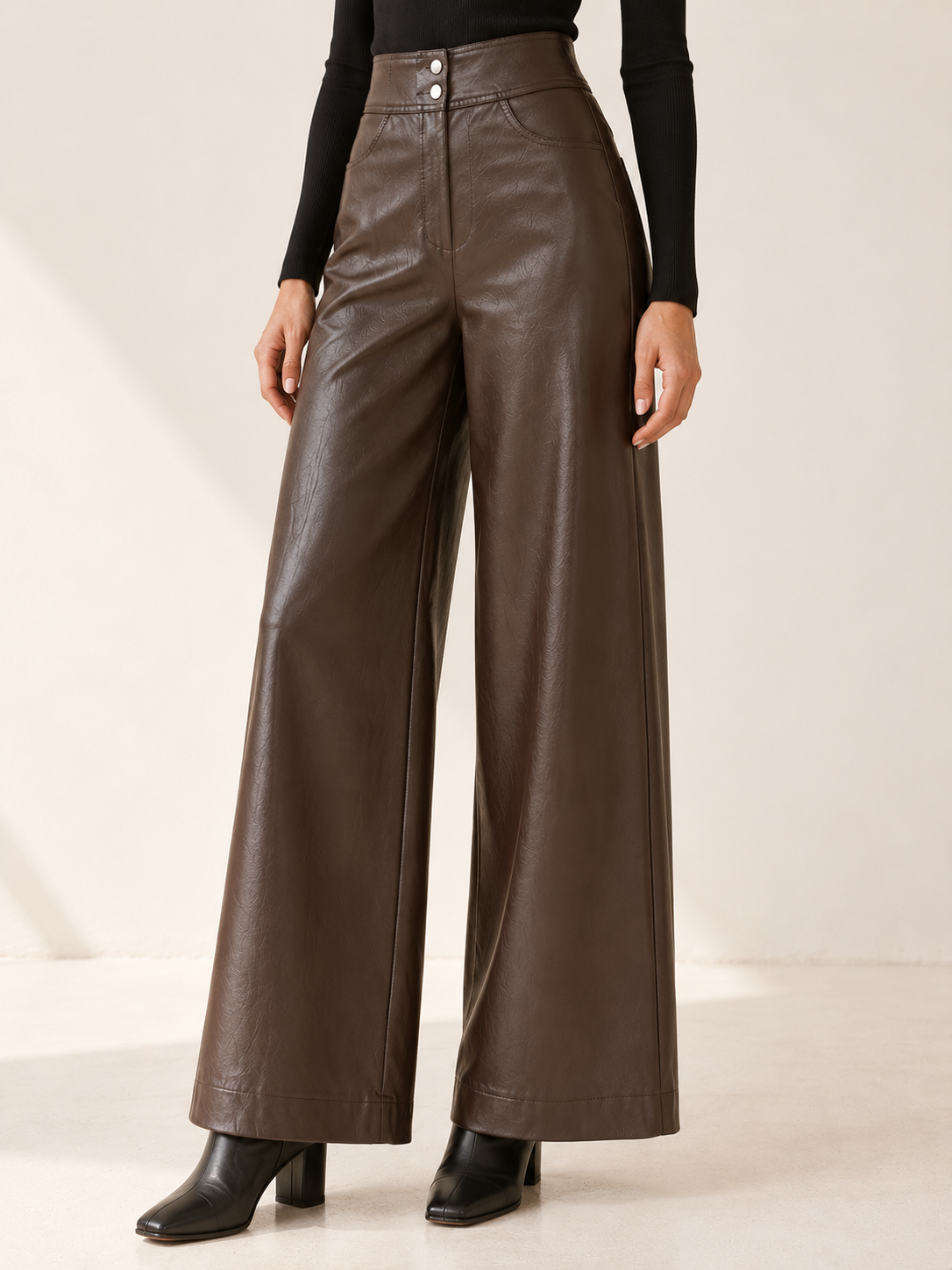 Melanie | Women's High Waisted Faux Leather Wide Leg Pants Fall Evening