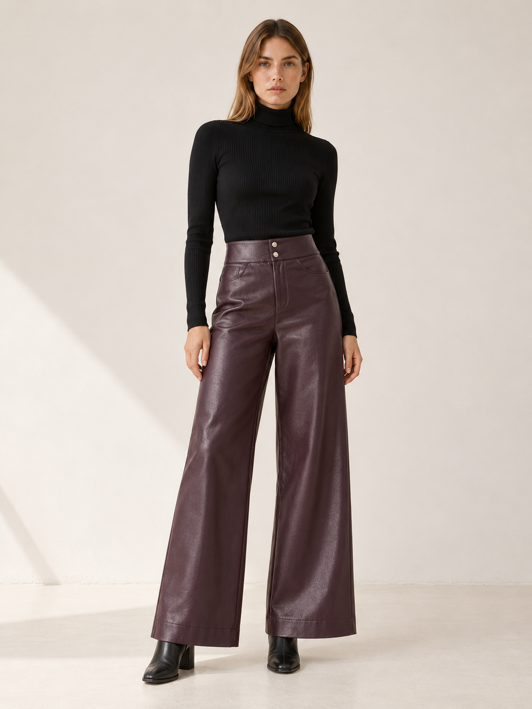 Melanie | Women's High Waisted Faux Leather Wide Leg Pants Fall Evening