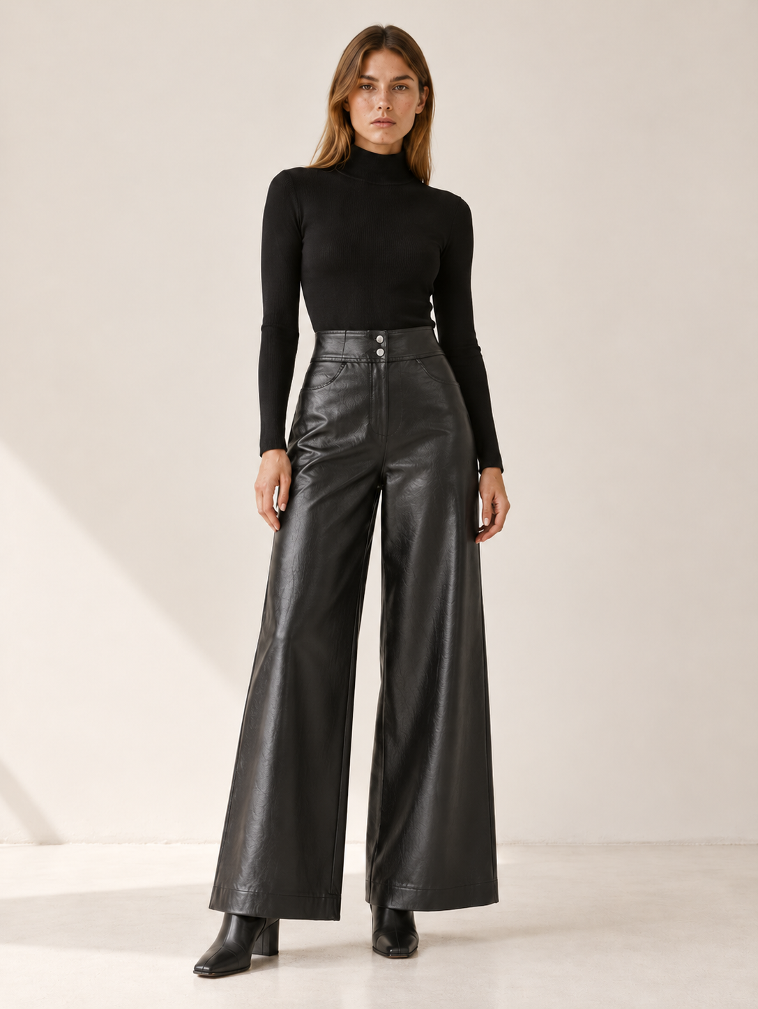 Melanie | Women's High Waisted Faux Leather Wide Leg Pants Fall Evening