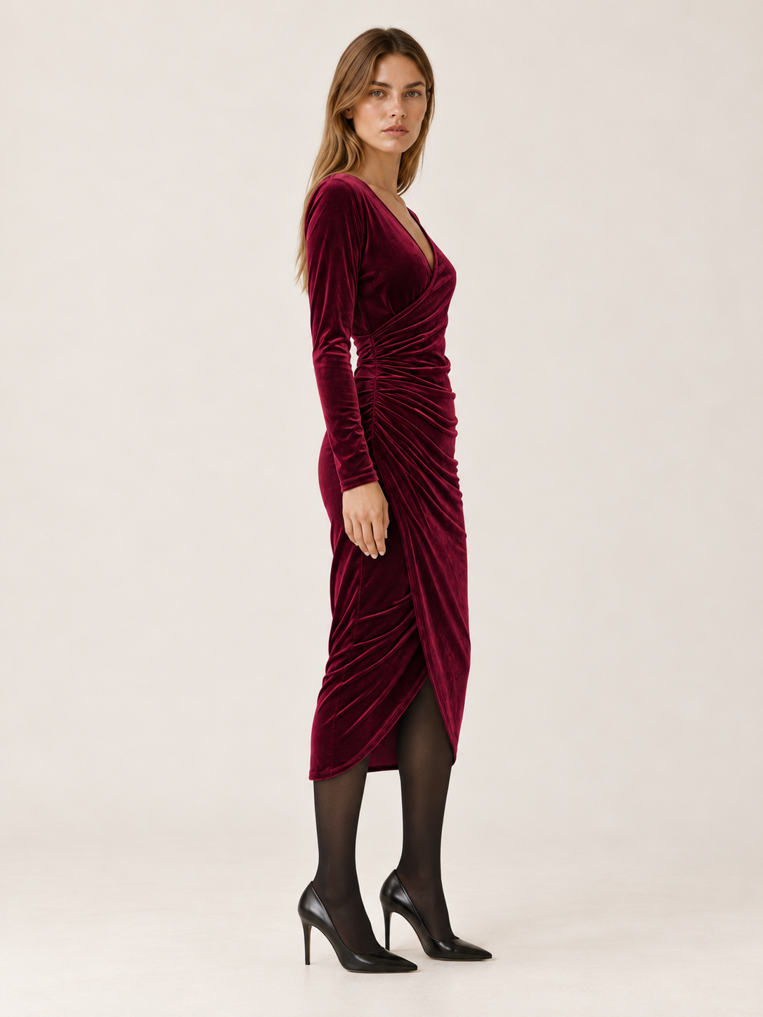 Mercedes | Women's Wrap Velvet Midi Dress Fall Holiday Party