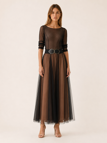 Merovia | Boat Neck Maxi Dress with Sheer Overlay