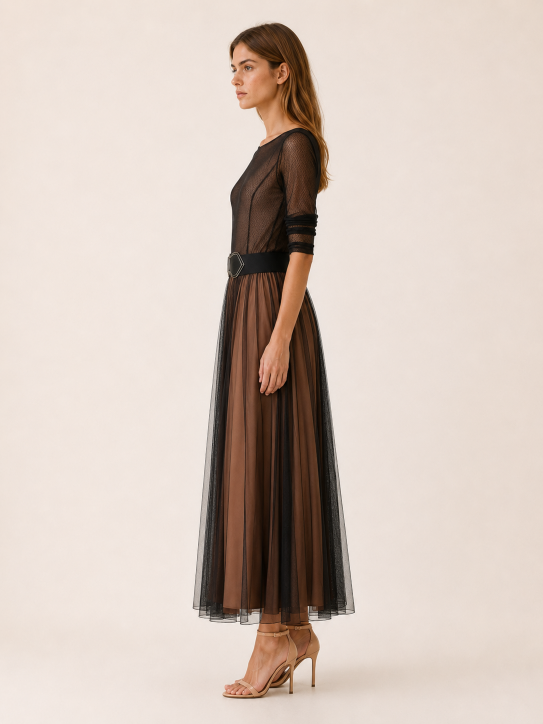 Merovia | Boat Neck Maxi Dress with Sheer Overlay