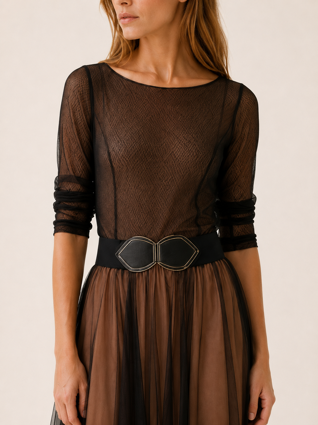 Merovia | Boat Neck Maxi Dress with Sheer Overlay