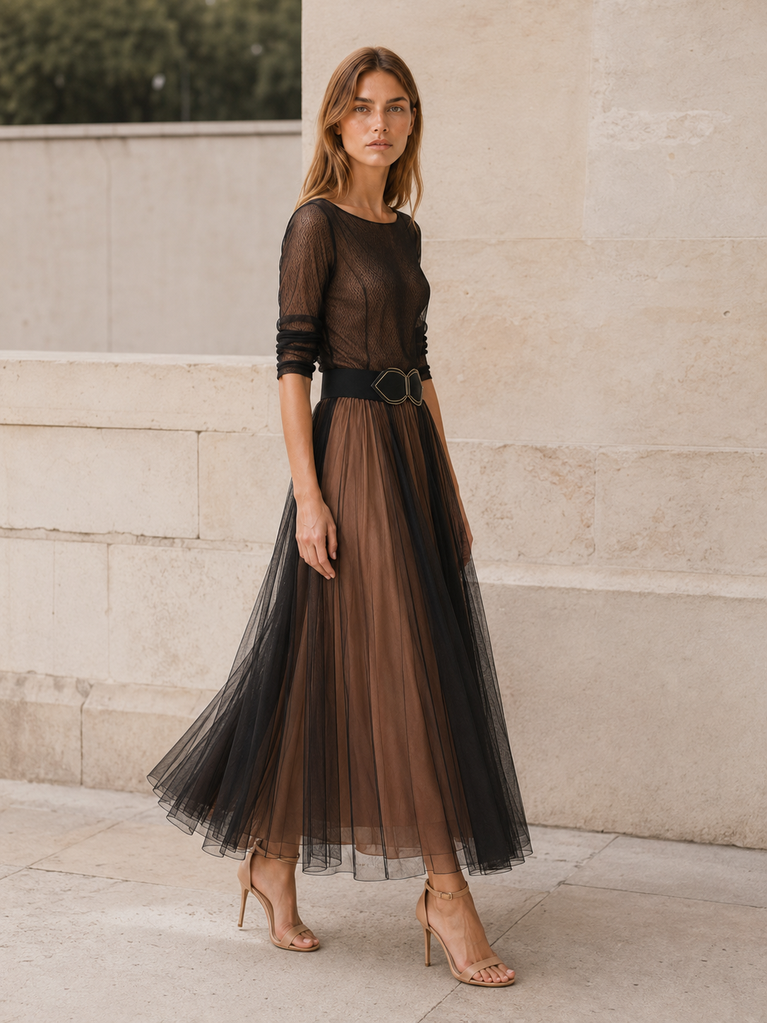 Merovia | Boat Neck Maxi Dress with Sheer Overlay