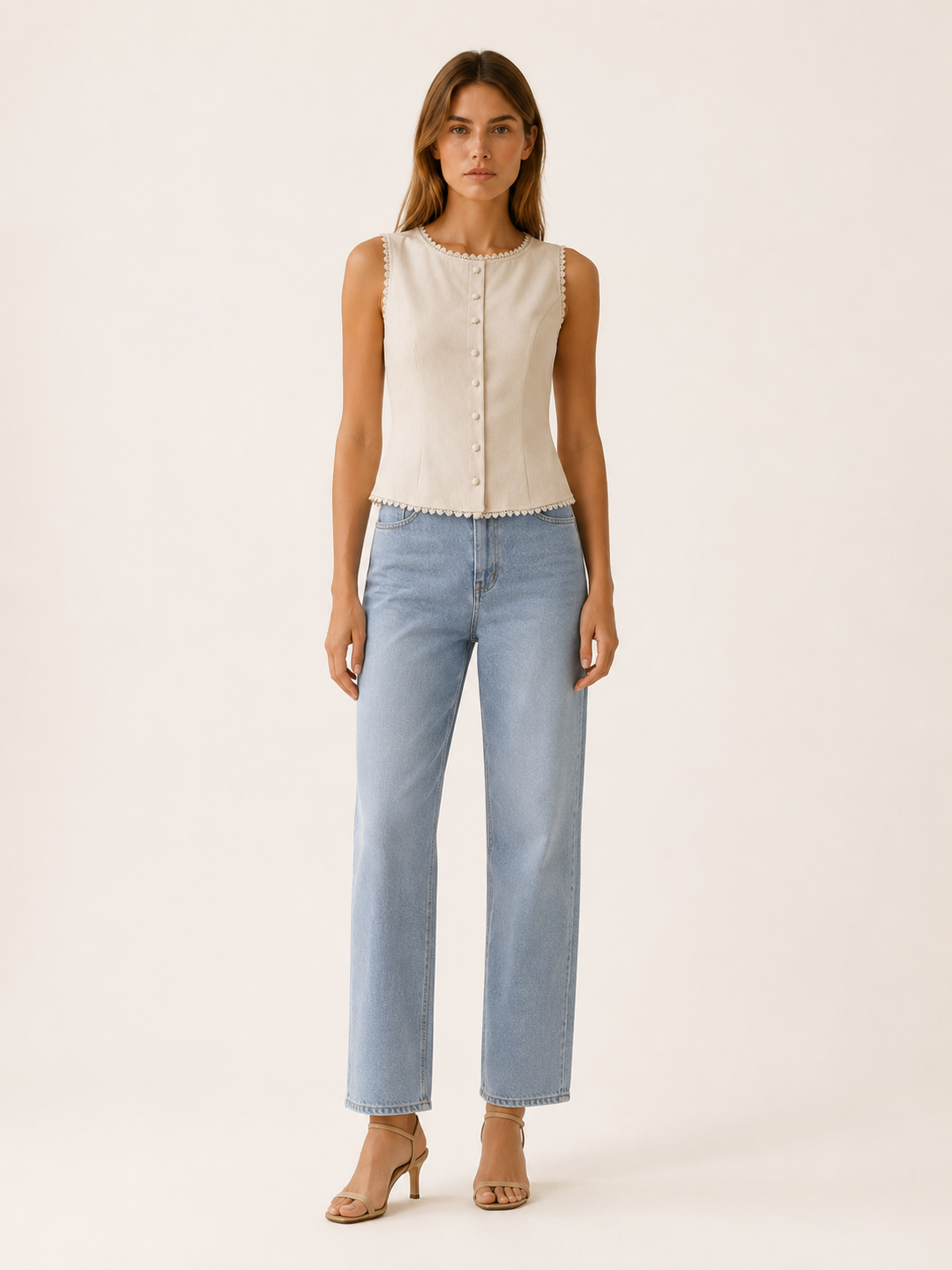 Mira | Button Vest with Boat Neck and Lace Trim