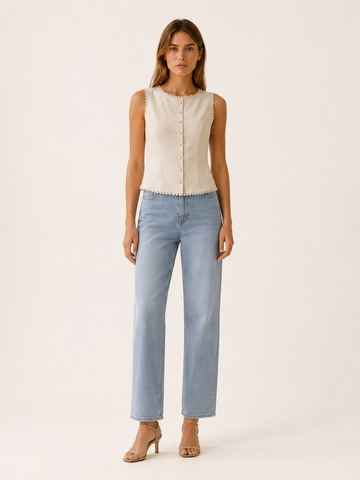 Mira | Button Vest with Boat Neck and Lace Trim