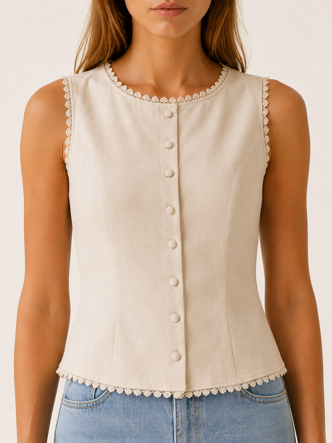 Mira | Button Vest with Boat Neck and Lace Trim