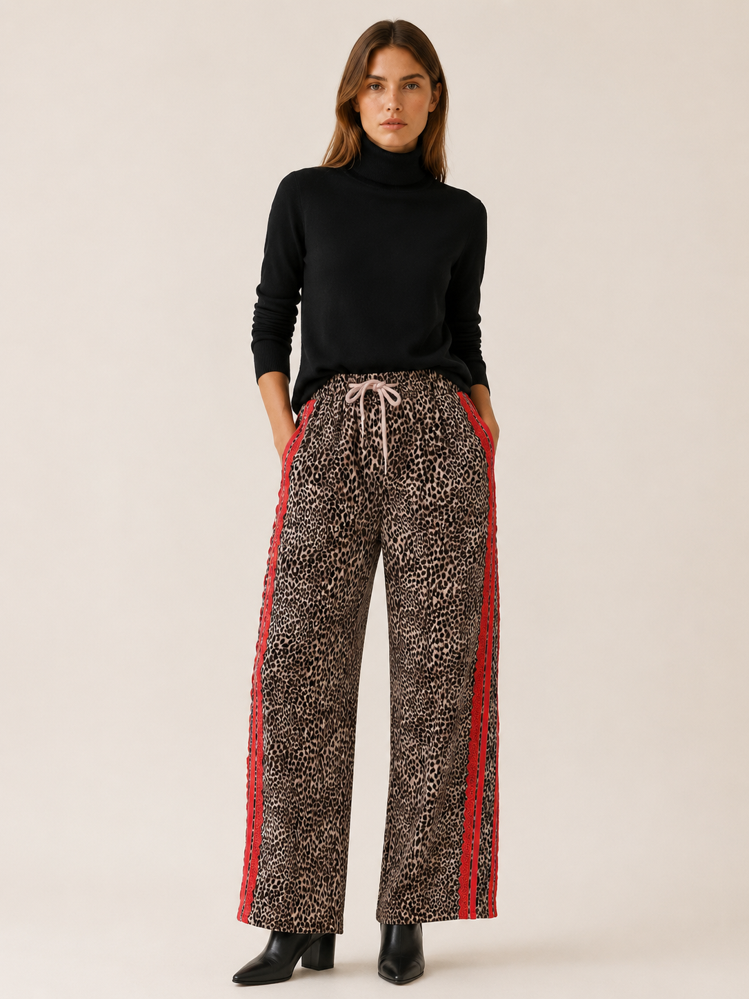 Mirelle | Women's Leopard Wide Leg Pants with Side Stripe
