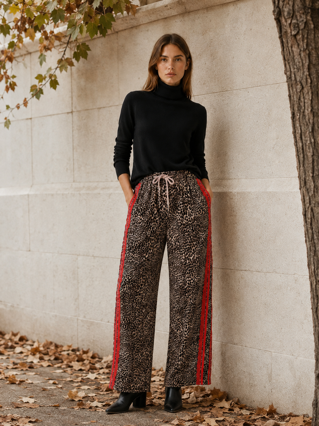 Mirelle | Women's Leopard Wide Leg Pants with Side Stripe