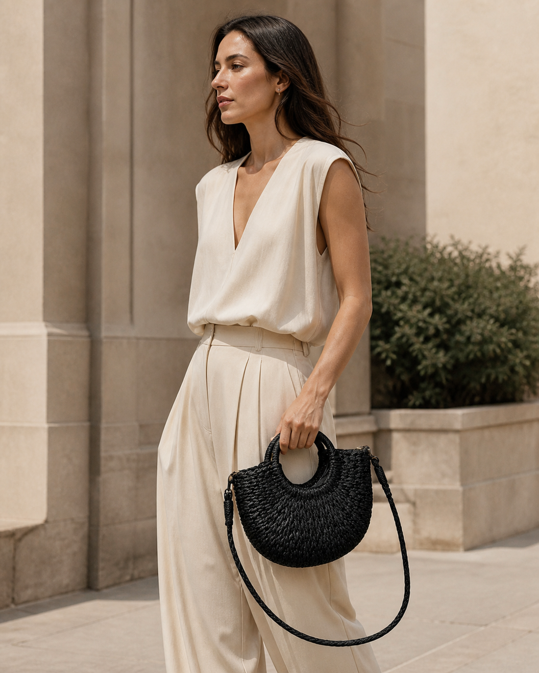Mirelle | Woven Beach Bag with Round Handles and Crossbody Strap