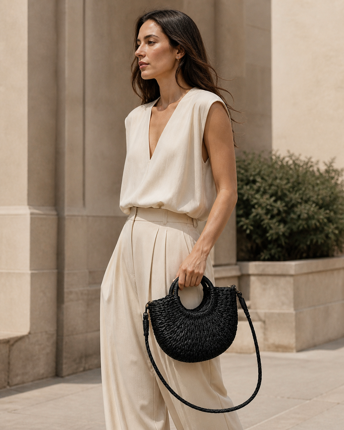 Mirelle | Woven Beach Bag with Round Handles and Crossbody Strap