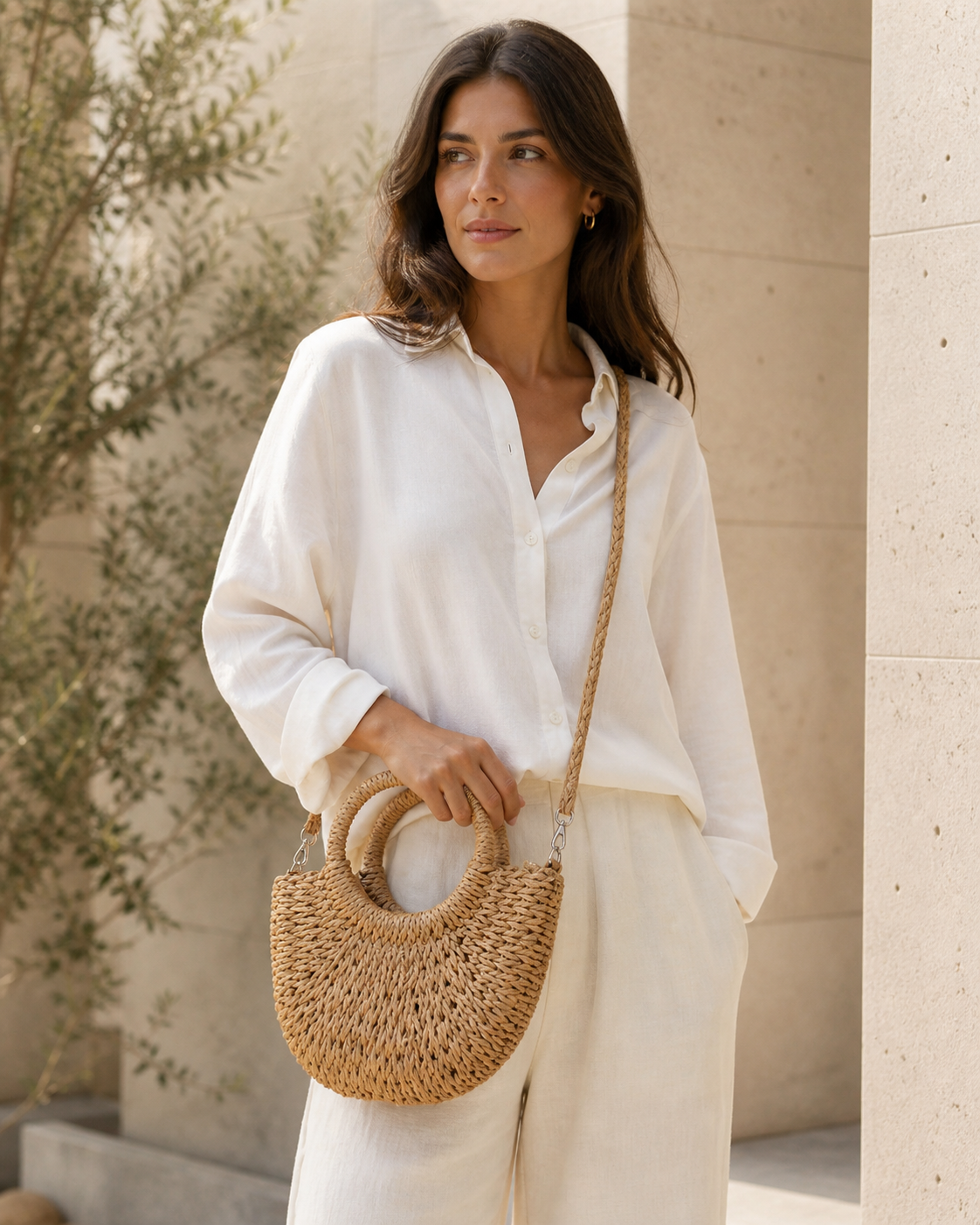 Mirelle | Woven Beach Bag with Round Handles and Crossbody Strap