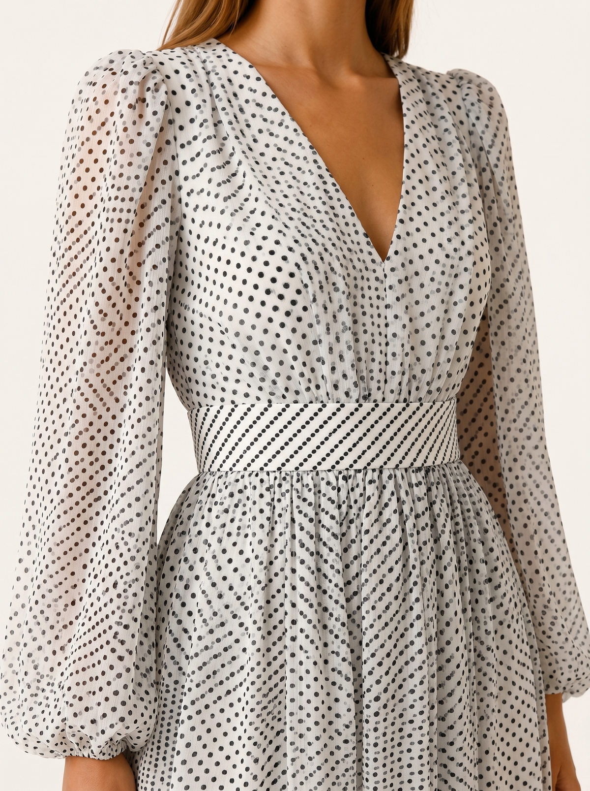 Mirta | Polka Dot Midi Dress with V Neck and Balloon Sleeves