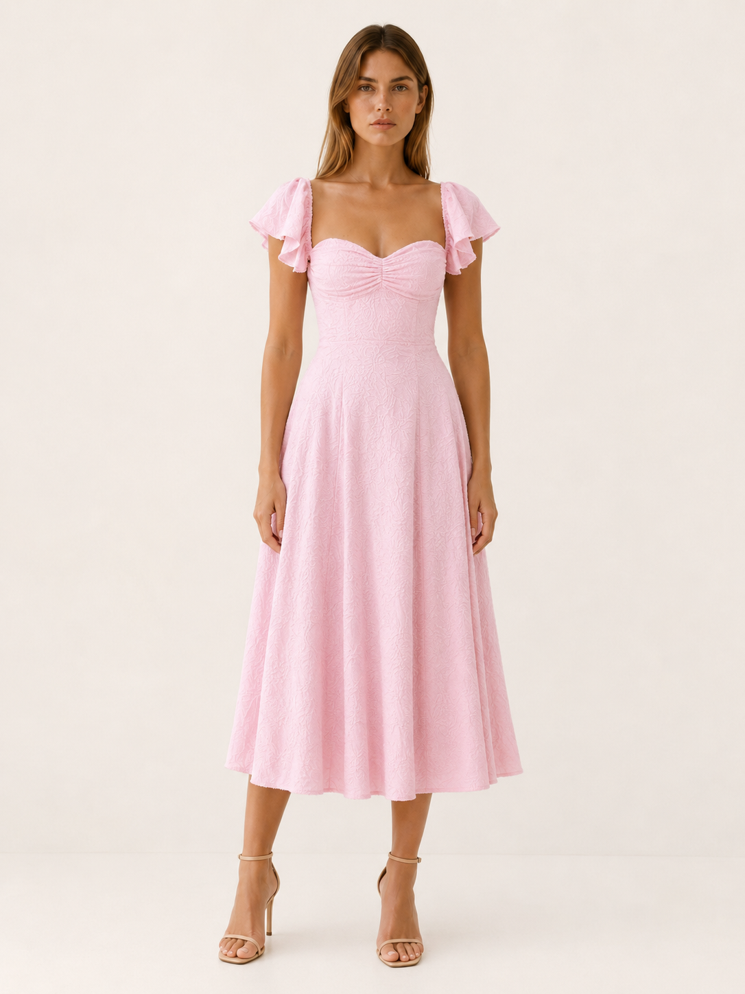 Naira | Jacquard Midi Dress with Ruffle Sleeves