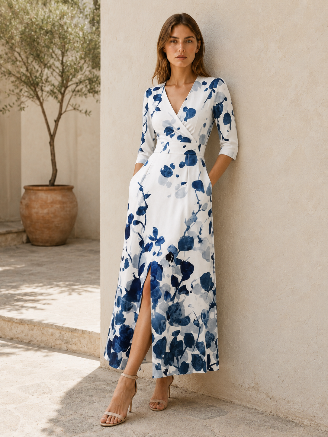 Neriah | Floral Maxi Dress with V Neck and Front Slit