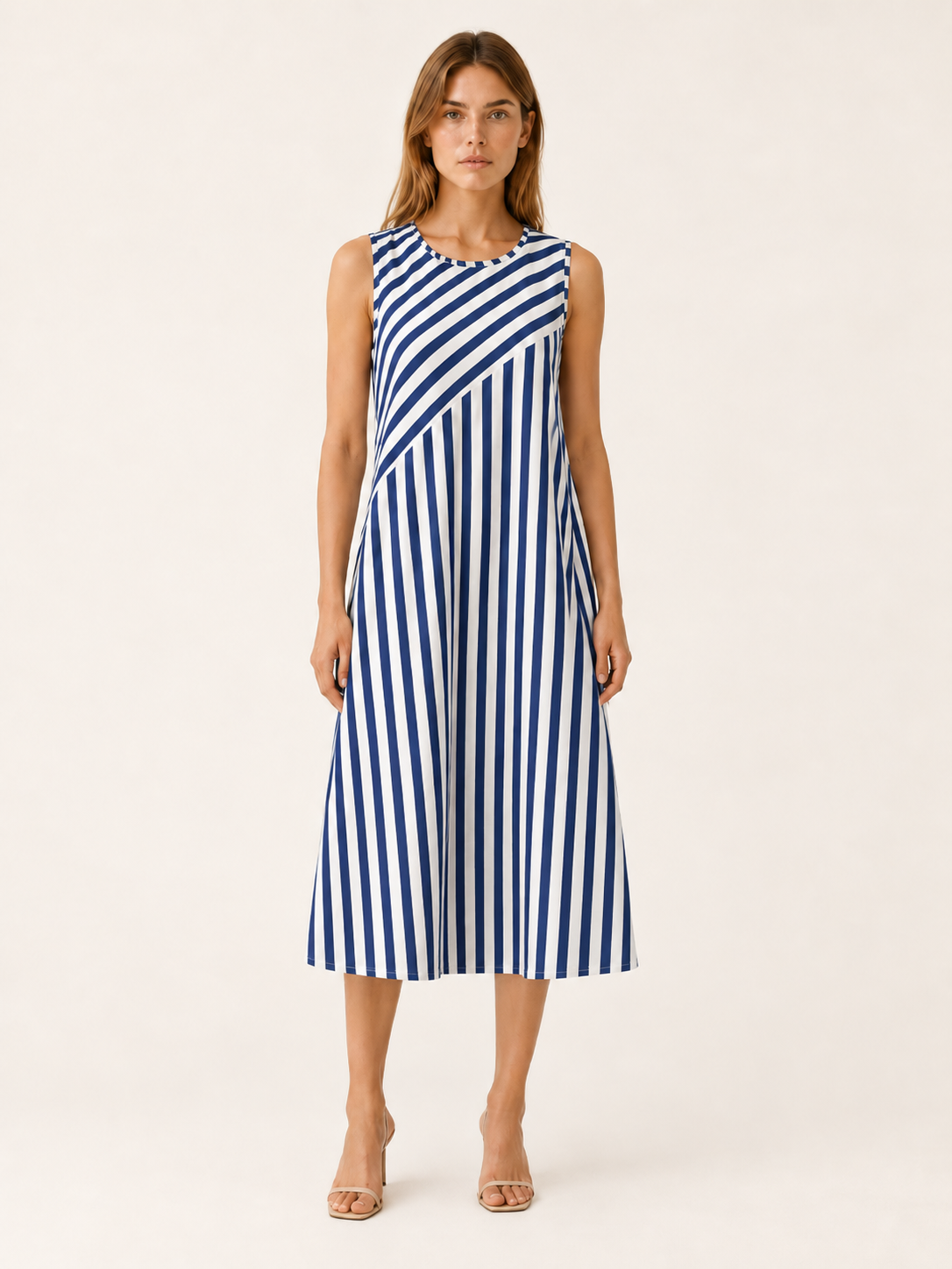 Nerida | Striped Midi Dress with Sleeveless A-Line Fit
