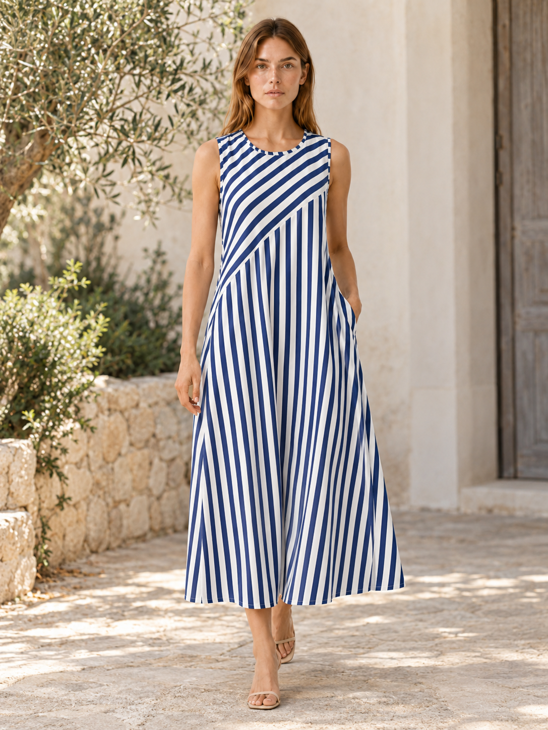 Nerida | Striped Midi Dress with Sleeveless A-Line Fit