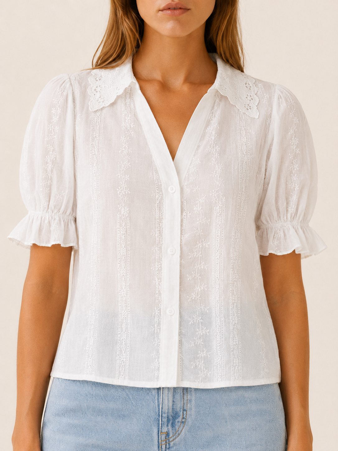 Nina | Lace Embroidery Blouse with Collared Neck